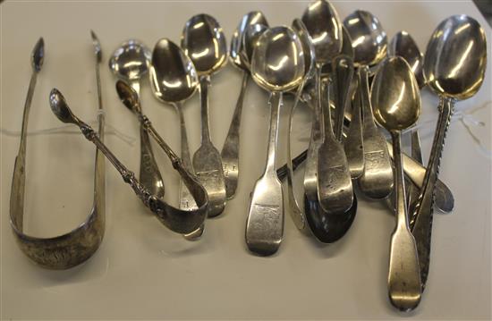 Various silver teaspoons, inc part sets, Georgian silver dessert spoon & sugar tongs & another pair of tongs